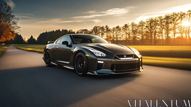 Aerodynamic GT sports coupe on sunlit rural asphalt roadway.