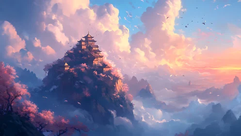 Layered mountain temple complex illuminated by volumetric sunrise light