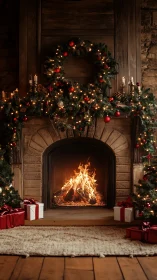 Cozy Christmas fireplace glows warmly with gifts and garlands