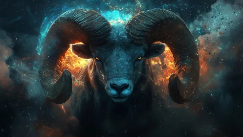 Ram head emerges against cosmic fire and nebula clouds