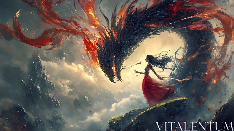 Woman in red commands infernal dragon above storm cliffs.