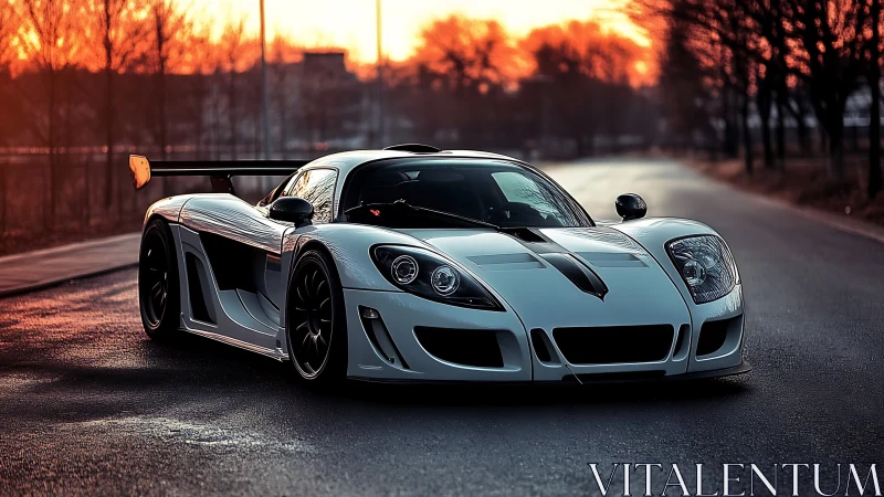 Track-focused white supercar under sunset thermal lighting.