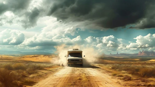 Storm-lit RV crossing dusty desert track under dramatic sky