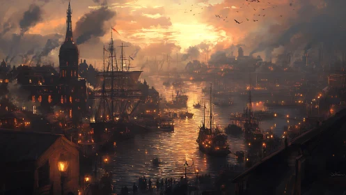 Golden harbor sunset over a bustling steampunk port city.
