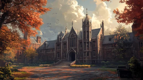 Gothic campus courtyard under warm autumn afternoon light.