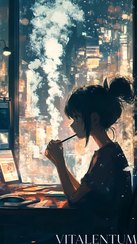 Pensive girl at desk gazes over neon city night skyline