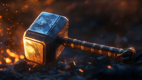 Runes, embers, and a myth-forged hammer at rest.