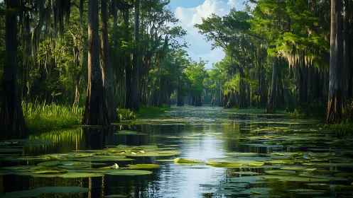 Sunlit bayou corridor of cypress sentinels and lily mirrors.