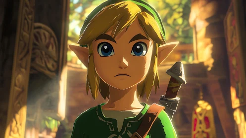 Anime hero portrait in luminous forest temple setting.