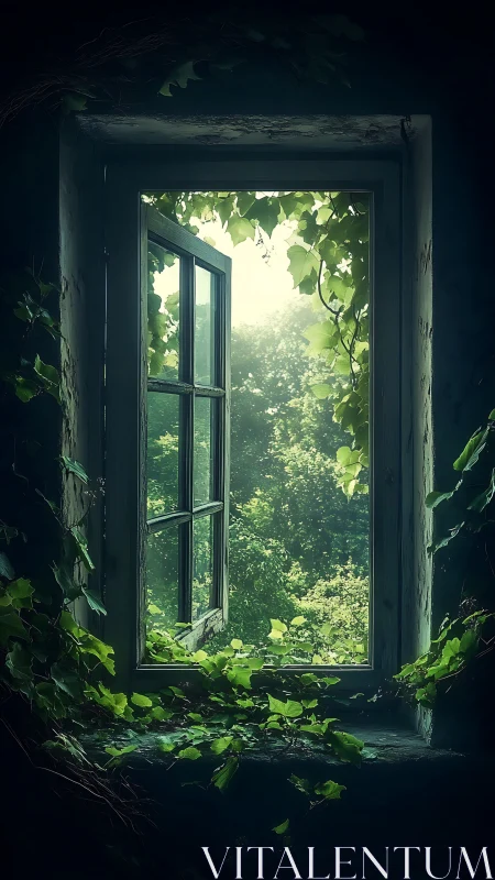 Aged wooden casement window overgrown by dense green ivy foliage