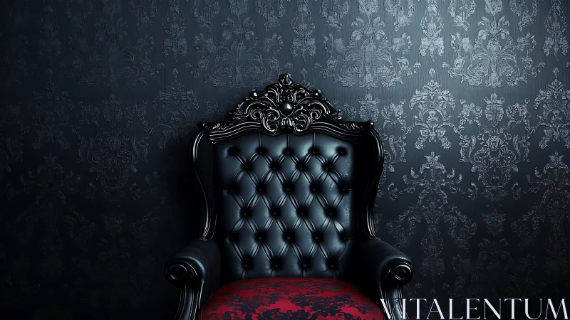Velvet darkness frames an inviting black baroque throne chair