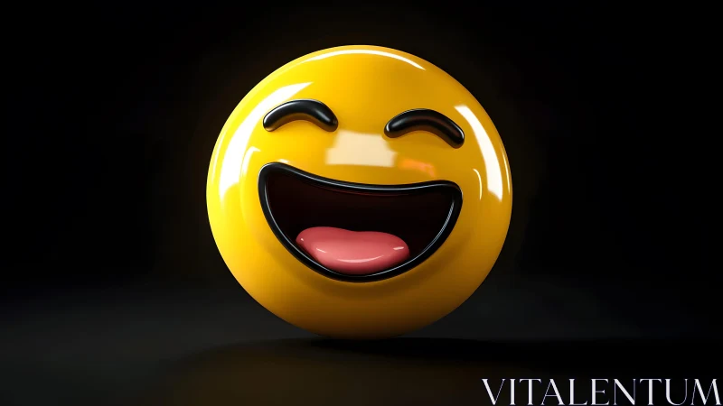 3D Render of Laughing Emoji on Black Background in Glossy Style.