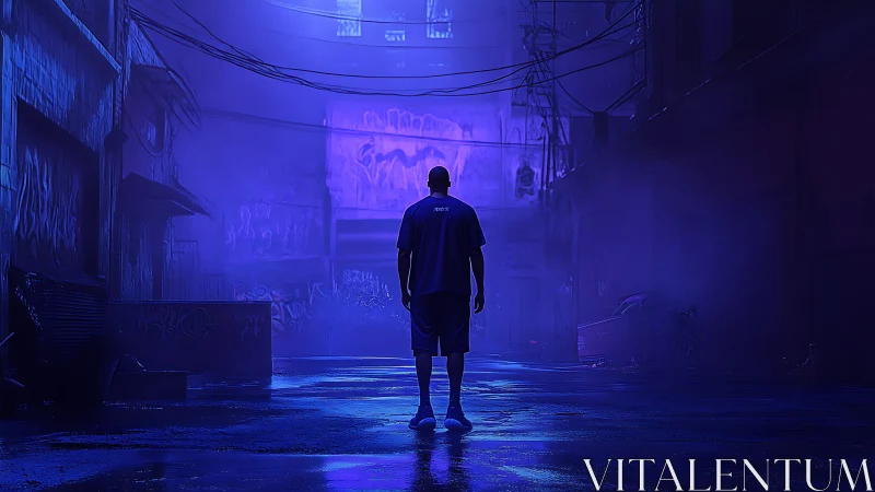 Lone figure walks a neon alley, wrapped in electric blue haze