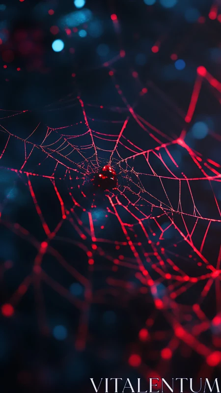Neon spiderweb glows like digital circuitry in midnight haze.