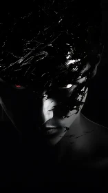 Shadowed cyber visage emerges from fractured darkness.