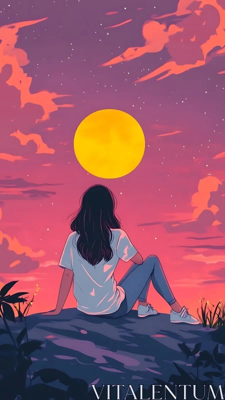 Backlit observer under oversized moon in chromatic dusk field.