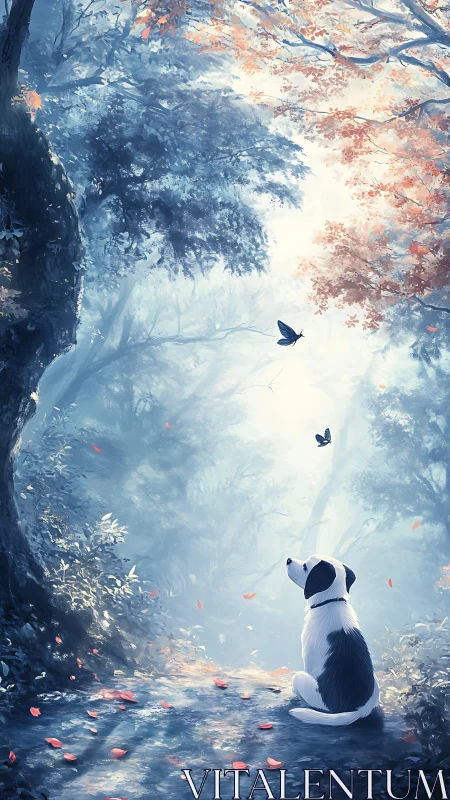 Dog observing butterfly in misty forest pathway scene.