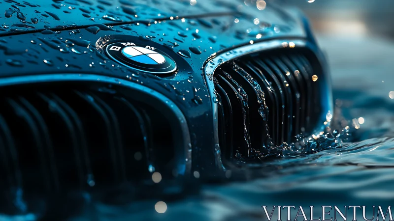 BMW front grille closeup with flowing water detail.