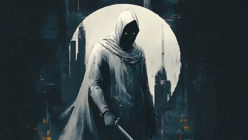 Hooded figure with sword before circular urban backdrop.