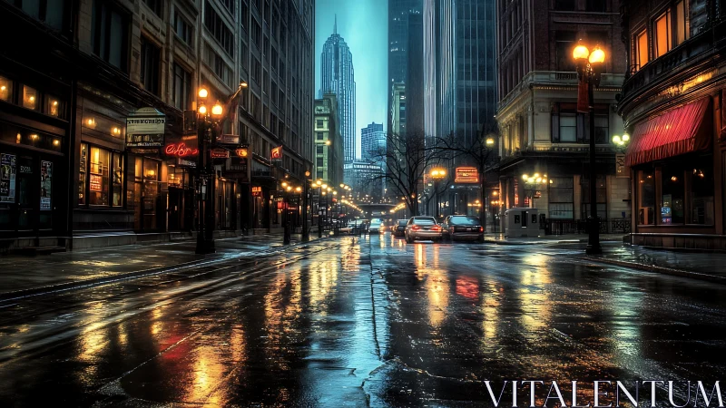 Rain-polished city canyon mirrors neon, steel, and night traffic
