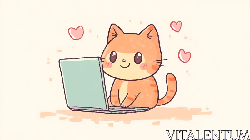 Cheerful Orange Cat Working on Laptop with Hearts.