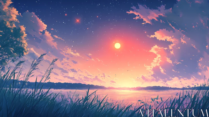 Radiant sunset glows over tranquil lakeside horizon