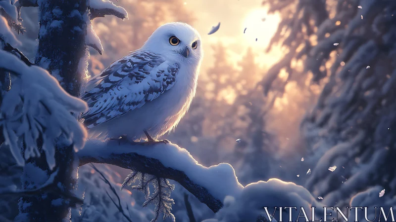 Snowy owl perched on branch in magical winter forest scene.