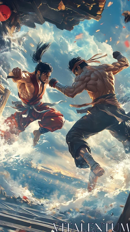 Two martial artists exchange midair blows above rough water