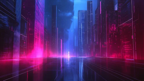 Neon corridor cityscape in symmetric cyberpunk perspective.
