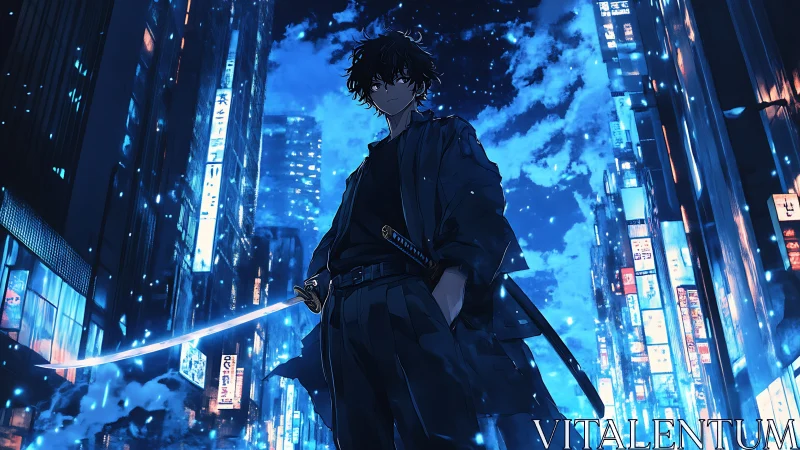 Sword-carrying figure in neon-lit urban night street scene.