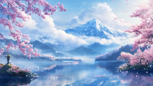 Serene cherry blossom lake cradles a distant snow peak