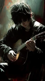 Young guitarist sits in dim light and plays acoustic guitar