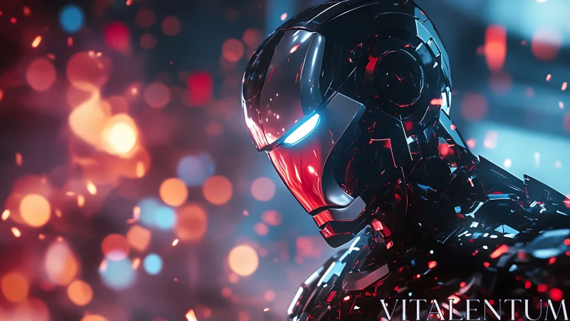 Chrome sentinel in ember-lit bokeh storm of neon resolve.