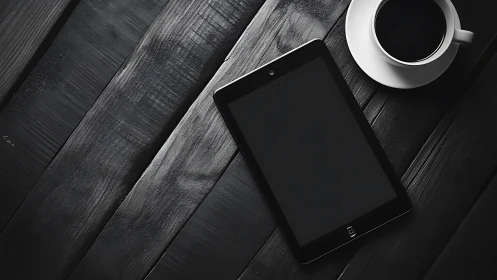 Morning pause with tablet and coffee on dark wood table