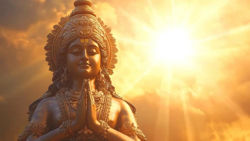 Golden devotional deity statue under radiant solar halo