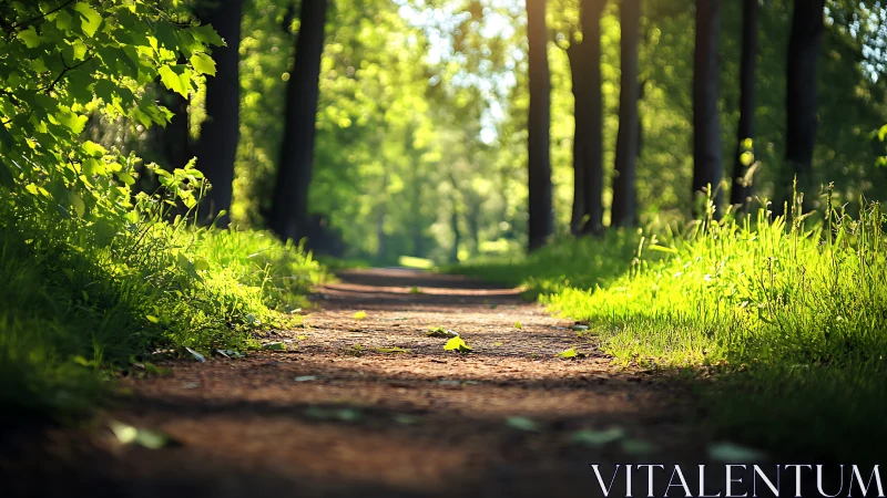 Sunlit forest path in summer, natural light, tranquil mood, nature photo.