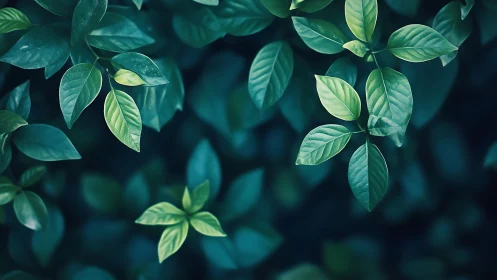 Green foliage is captured in a shallow depth-of-field image