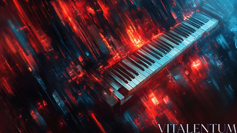 Futuristic piano keys amid red and blue digital lightfield.