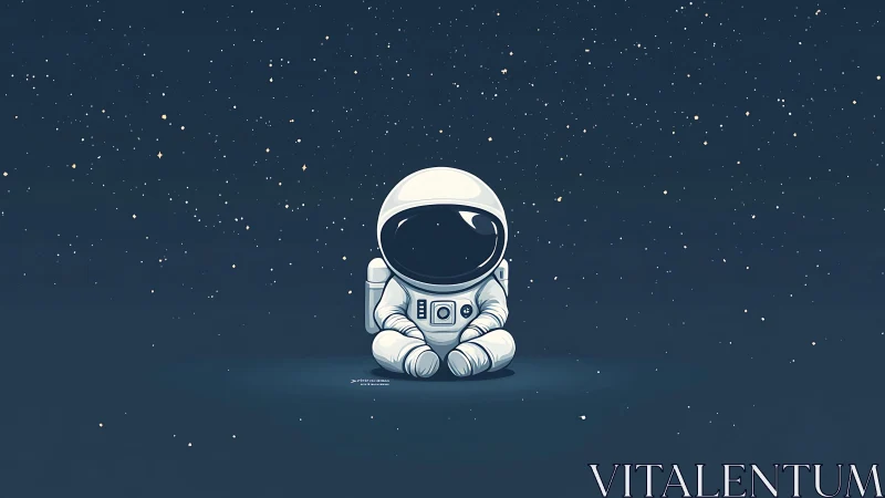 Tiny astronaut quietly daydreams under a peaceful starry sky