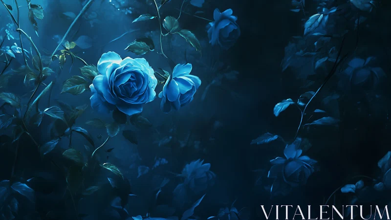 Deep Teal Rose Garden: Luminescent Botanical Nocturne with Atmospheric Depth.