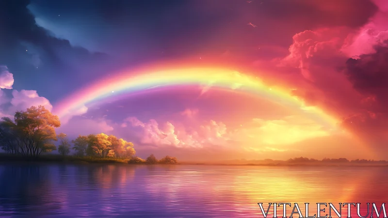 Aurora rainbow drapes a dreamlit lake in molten dusk glow.