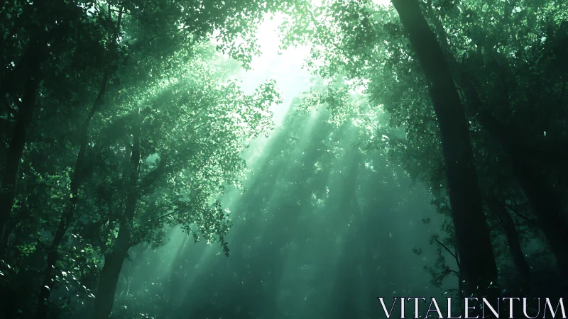 Sunlight breaks through dense forest canopy.