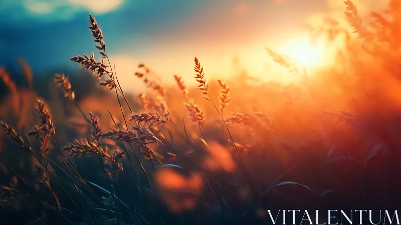 Sunlit meadow grasses glow warmly against a fading evening sky