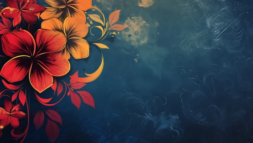 Vibrant Red and Gold Flowers Dance Across a Dreamy Teal Background