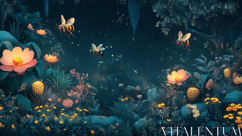 Glowing bees over dense night garden of luminous flowers.