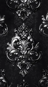 Baroque silver damask pattern on deep charcoal background.