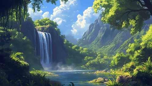 Sunlit jungle waterfall resting in a peaceful green valley.