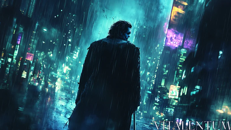 Lone masked figure haunts a neon rain‑soaked cyberpunk city street
