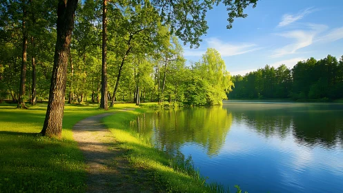 Forest path runs beside reflective lake under clear sky