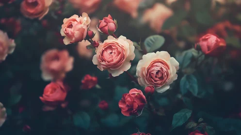 Blush-Hued Roses Clustered Among Foliage in Soft-Focus Garden Setting.